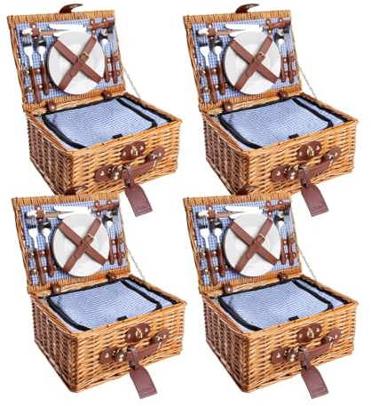 eGenuss 4 Handgefertigte Picknickkörbe für 2 Personen mit Kühlfach, Multifunktionsmesser, Edelstahlbesteck, Porzellanteller und Weingläser | BLAU