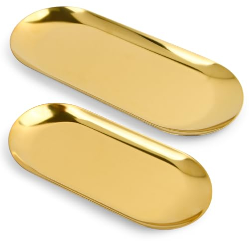 Shengxi Lot de 2 plateaux de service en acier inoxydable, plateau ovale doré, métal, cosmétiques, plateau pour bijoux, assiettes décoratives, dorées, pour gâteaux, bougies, café (18 cm+22 cm)