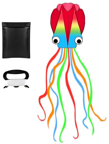 Flying Hoofer Huge 3D Rainbow Soft Octopus Kite for Children. Easy to Fly for Kids and Adults with 300 FT String Handle. Perfect for Beach and Outdoor Activities.