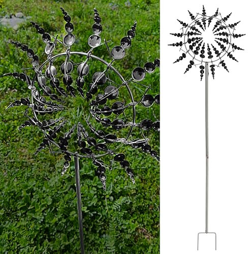 Windrad 3D 16 Flügel | Schwarz Metallic-Effekt Ø30xH100cm Eisen | Windspiel mit Erdspieß zur Gartendekoration