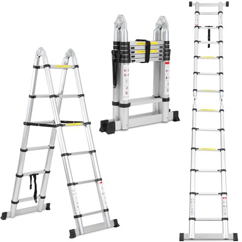 Cecaylie Échelle télescopique Pliante en Aluminium - 3,8 m (1,9 m + 1,9 m) - Échelle Extensible avec stabilisateurs - Portable - Cadre A - Antidérapante - Charge maximale : 150 kg - Argenté