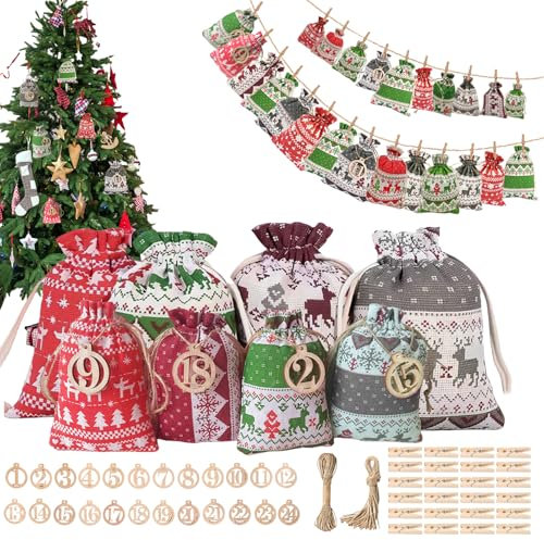 JIDAYOEU Adventskalender zum Befüllen 2025, 24 Stück Weihnachtsdeko Tüten/Säckchen, Adventskalender Selber Befüllen mit Holzklammern und Hanfseil für Kinder Erwachsene, Wiederverwendbar