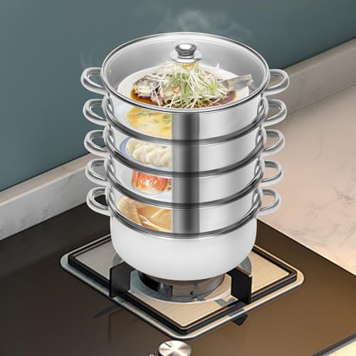 LENDISIY Mantowarka, 5 våningar, ångkokare i rostfritt stål med transparent glaslock, induktion, kastrull, ångkokare för matlagning (silver, 26 cm)