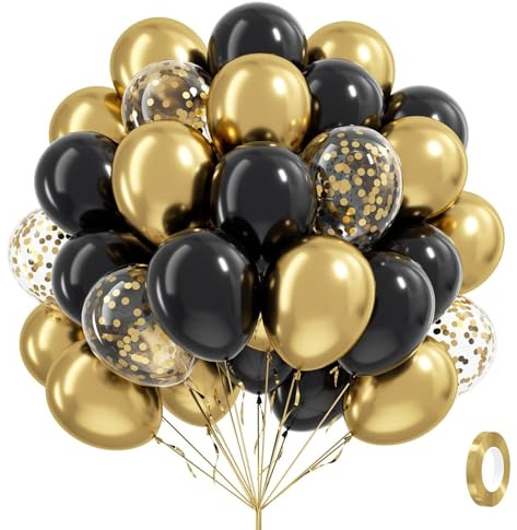 Luftballons Schwarz Gold mit Golden Konfetti Ballons, 60 Stück Luftballons Geburtstag, Gold Metallic Latex Ballons für Hochzeit Baby Shower Party Graduation Deko