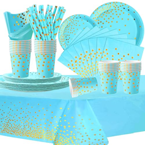 COLANANA Partygeschirr Kindergeburtstag,Hellblaues Gold Geburtstag Party Geschirr Set mit Teller Tischdecke Tassen Servietten Papier Strohhalme für Babydusche Geburtstag Hochzeit Party(16 Gäste)