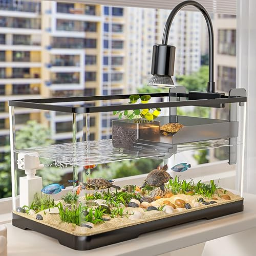 Schildkröten-Tank-Set, Schildkrötenaquarium Mit Schwimmender Plattform, Schildkröten-Aquarium Mit Licht, Filter, Farbigen Felsen Und Kleine Pflanze Reptilien Aufzuchtbox Für Schildkröten(XL)