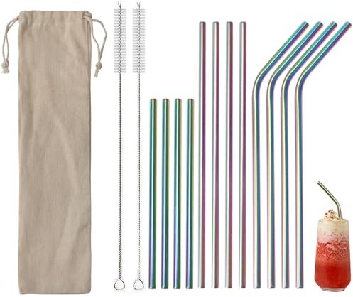 Vookkp Cannucce in Acciaio Inox, 12 Pezzi Riutilizzabili in Metallo con 2 Spazzole, Lunghe per Cocktail, Latte, Frullato