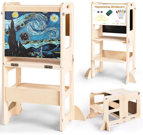 Woodure Klappbar Montessori Lernturm ab 1 Jahr, 4 in 1 Montessori Learning Tower für Kinder mit Rausfallschutz, Lernturm mit Kreidetafel und Whiteboard, Geschenk für Jungen und Mädchen 1-3 Jahre alt