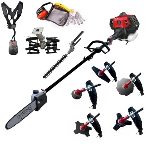 Synergy Desbrozadora Multifunción Gasolina 8 en 1 65cc 4,9cv Motor 2T, Cuchillas Helicoidales, Cortasetos, Podadora, Kit de protección, 4 Discos y 1 Cabezal Automático, Arnés Profesional