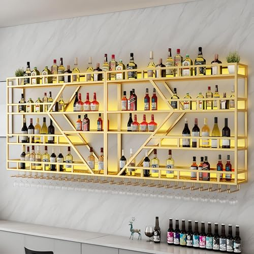 amhricho Botellero de Pared Metálico para Vinos, Moderno Botellero de Pared con Soporte para Copas, Estante para Licores y Estantes de Bar para Botellas de Licor (4 Capas Gold, 200 * 20 * 123CM)