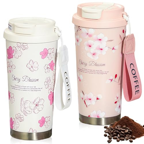 GOEDCH Gobelet à café à emporter : 2 pièces 500 ml, tasse de voyage en acier inoxydable avec couvercle anti-fuite et pailles, fleurs de cerisier, fleurs de pêcher gobelet isotherme pour eau chaude et