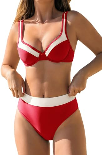 CUPSHE Women's Bikini Sets Two Piece Bathing Suit High Waisted Underwire Wide Adjustable Straps Color Block Back Hook, S