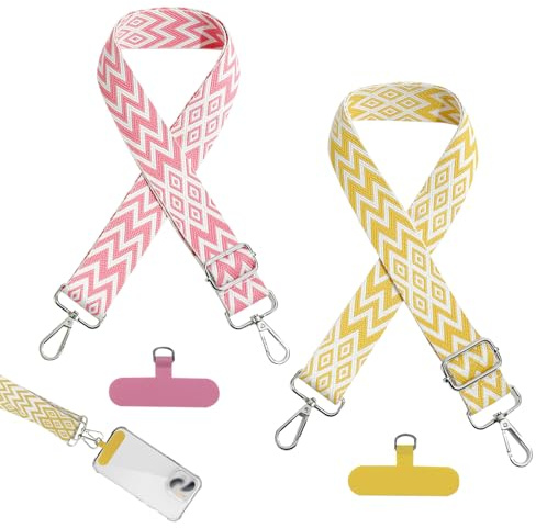 FOSDICK 2 Piezas Cuerda para Movil, Ancha Cordon para Movil, Ajustable Colgante para movil, Universal Cordon Moviles Cuello, Cuerda Moviles Colgar con 2 Phone Lanyard Parcheas(Rosa, Amarillo)