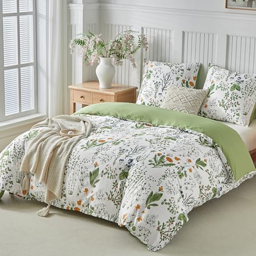 Tokokimo Sängkläder 135 x 200 4 delar påslakan – sängkläder set 135 x 200 cm, set om 2 med 2 örngott med dragkedja 80 x 80 – rikliga trädgårdsblommor mönster, grön