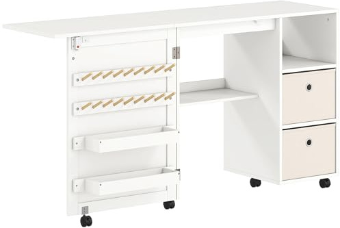 HOMCOM Mesa de Costura Plegable con 6 Ruedas, 3 Compartimentos Blanco
