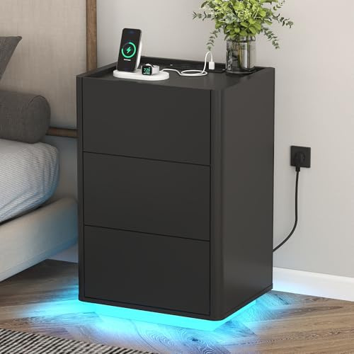 YOSHOOT Nachttisch mit LED 3 Schubladen, Beistelltisch mit Steckdose, Moderner Nachttisch für Wohnzimmer, Schlafzimmer, Arbeitszimmer,39.8×35×65cm (Schwarz)