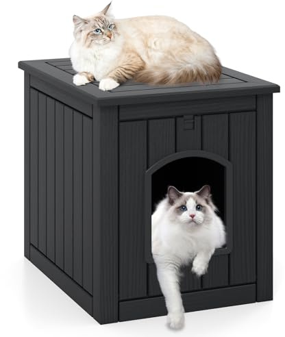 COSTWAY Maison pour Chat Interieur Exterieur en PP, Porte à Battant, 4 en 1 Meuble Litiere Chat, Verrouillage de Sécurité, Base Surélevée, Niche pour Chaton Chien Lapin, 60 x 47 x 54,5 cm (Noir)