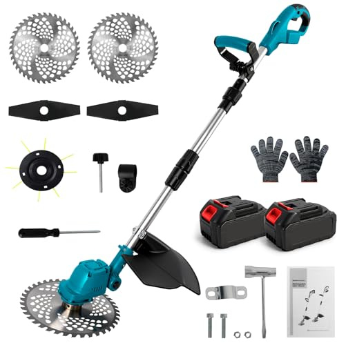 Roadtime 500W Desbrozadora inalámbrica con batería 3000mAhx2 & 2 Tipos 23cm | cortabordes 4800RPM, cortadora de césped con 2 tipos cuchillas 23cm, corta ramas 5cm, ligera para jardín, maleza y arbustos