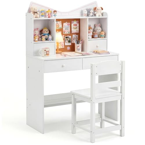 Maxmass Kids Table and Chair Set, Wooden Children Desk and Chair with Cork Board, 4 Drawers, Open Shelves, Student Workstation Desk Set for Studying Learning Drawing Playing (White)