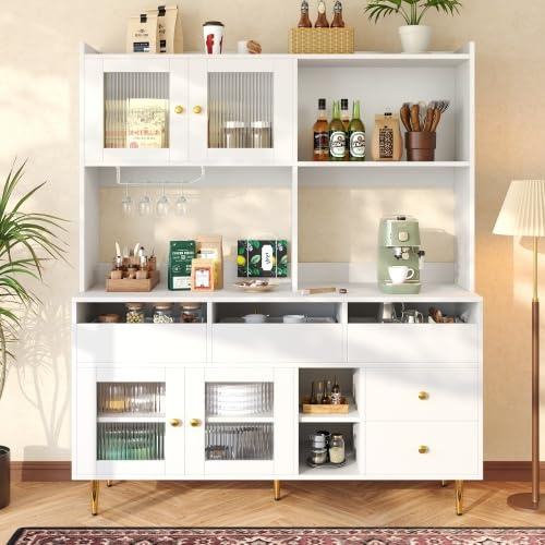 Merax White Kitchen Storage Cabinet with Changhong Glass Doors, Built-in Wine Rack & Multi-Layer Storage – Modern Sideboard for Kitchen, Dining Room & Pantry – with Gold Accents