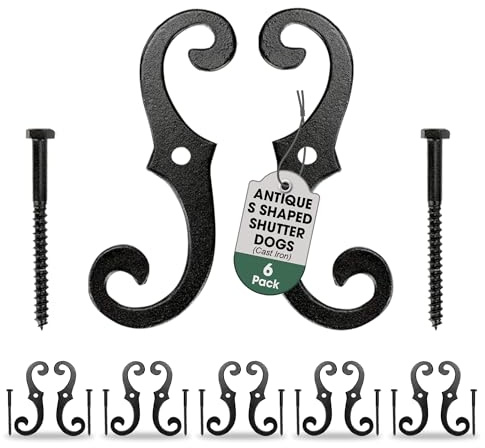 Renovators Supply Manufacturing Black Cast Iron Shutter Dog Holders 6.5 In. Long Antique Decorative S Style Black Rust Resistant Powder Coated External Shutter Hardware with Mounting Screws Pack of 6