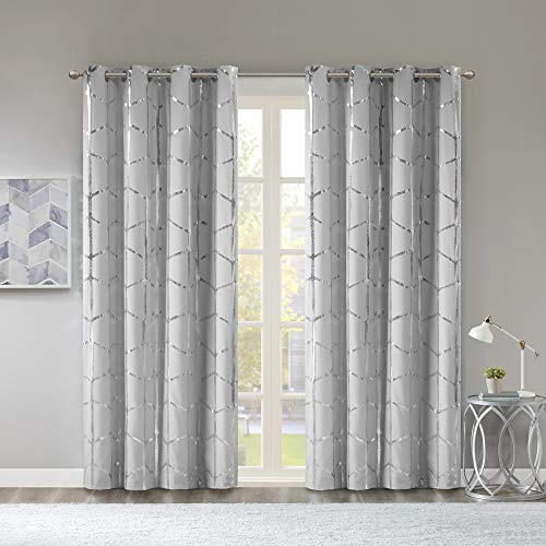 Intelligent Design Raina Total Blackout Metallic Print Grommet Top Single Curtain Panel Thermal Insulated Light Blocking Drape for Bedroom Living Room and Dorm 1 Piece, 50x84, Grey/Silver