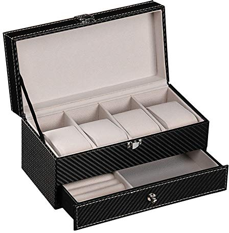 Uhrenbox Uhren Uhrenkoffer, Damen Herren Carbon-Faser PU-Leder 4 Slots Watch Box 2-Tier-Organisator-Fall Schmuckständer Schaufenster Display Drawer Storage Box Herren Organizer Uhrenkasten Aufbewahrun
