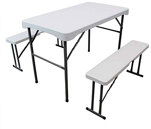 TRUTZHOLM Bierzeltgarnitur Gartenmöbel Set 3tlg. | 2 Bierbänke 1 Tisch Camping Campingbedarf im Auto transportierbar (Holzoptik weiß)