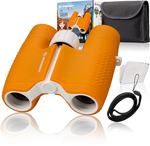 Bresser Junior Fernglas für Kinder 6x21 mit robustem gummiarmierten Fernglaskorpus und Mitteltriebfokussierung inklusive Gürteltasche und Trageschlaufe, orange