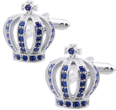 Jonwo Boutons de manchette en cristal bleu avec couronne royale pour homme et femme dans une boîte cadeau Boutons de manchette unisexes pour robe d'affaires ou d'anniversaire de mariage, one size,