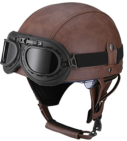 BDTOT Retro Motorrad Halbhelme Leder Halbhelm Deutscher Stil Roller Cruiser Chopper Anti-Collision Helm Abnehmbarer Gehörschutz mit Visier ECE Zertifiziert Roller-Helm Scooter Mofa-Helm, M=57~58cm