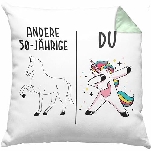 Trendation 50. Geburtstag Frauen Kissen mit Füllung 40x40 Einhorn Geschenk Geschenkidee 50er Geburtstag Mutter Mama (Grün)