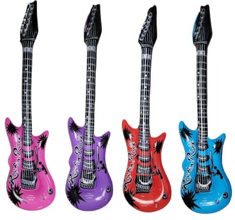 Zugar Land 40 Rock Inflatable Guitars (4 Pack) – 80s Rock ’n’ Roll Party Decorations, DJ Dance Vinyl Props Multicolor