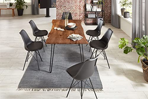SAM 7tlg. Essgruppe Hannah 160 x 85 cm, Akazienholz massiv, nussbaumfarben, Baumkantentisch mit Hairpin-Gestell in Schwarz + 6X Schalenstuhl Lerche in Schwarz