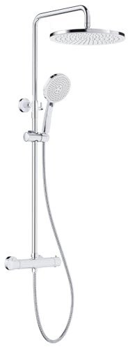Rainsworth Duschsystem med termostat, 30 cm rund regndusch, duschset vattenbesparande, 5 stråltyper duschhuvud, 92-126 cm duschstänger regnskog dusch komplett för dusch, krom, RW-2222