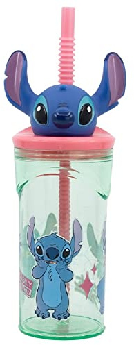 ALMACENESADAN, 4920; vaso figurita 3D con caña reutilizable Stitch flowers; capacidad 360ml; producto reutilizable; libre de BPA.