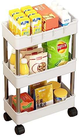 Multipurpose Rolling Trolley, Removable Storage Organizer Rack Shelf With Wheels for Bathroom Bedroom Kitchen Laundry Fruit Vegetable Snack Sundries Cosmetics Toiletries (White 3 Tiers,Narrow)