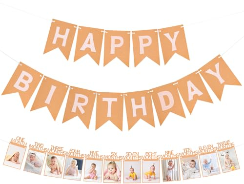 1. Geburtstag Baby Foto Banner - Ersten Geburtstag Deko, Kraftpapier Girlande Happy Birthday für Geburtstagsfeier Dekoration