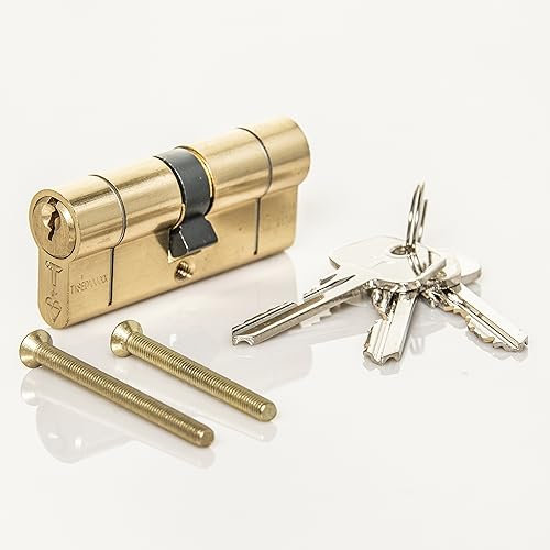 TSS Polished Brass High Security TS007 1 Star Euro Cylinder Lock, British Standard, Insurance Approved Barrel Lock and Key Sets. Supplied with 3 Keys. UPVC Door Locks. Brass (40mm x 45mm (85mm Total))