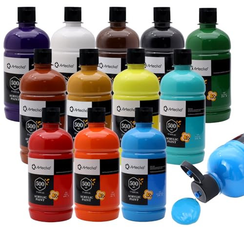 Artecho Acrylfarben Set Professional 12x500 ml, Acrylic Paint Set, Wasserfest und Lichtecht, Schnell Trocknend, Ideal für Leinwand, Holz, Stoff, Handwerk, Leder und Stein.