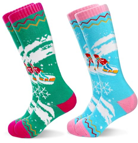 GRPSKCOS Jungen Skisocken, 2 Paar warme dicke Schneesocken für Kinder Mädchen Kleinkind Winter Skifahren Snowboarden（02 Rosa Blau+Rosa Grün，6-12 Jahre）