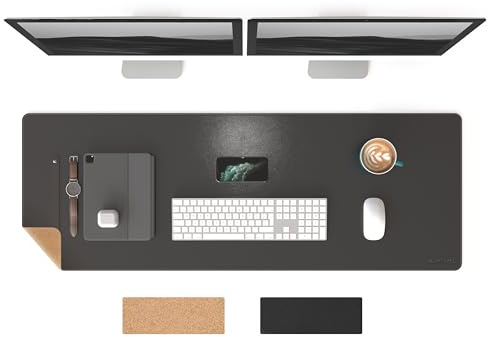 RENMTURE Doppelseitiges Mauspad, Naturkork und PU-Leder, große Schreibtischunterlage für Büro und Heimarbeit, Schreibtischschutz, rutschfest, wasserdicht, leicht zu reinigen (Schwarz, 120 x 43 cm)