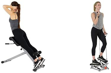 Sunny Health & Fitness Advanced Twist Stepper Machine, Portable Mini Stair Stepper, Resistance Bands + 45 Degree Hyperextension Roman Chair, Steel, Grey, One Size SF-BH6629