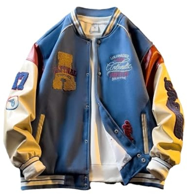 YeGang Vestes universitaires pour homme – Blouson bomber vintage décontracté unisexe Streetwear Y2k Manteaux surdimensionnés avec manches en cuir PU patch, bleu, M