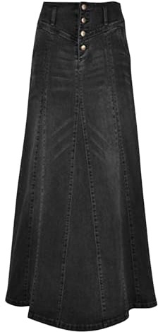 Womens Retro Button-Fly High Waisted Denim Skirts Casual Loose Distressed A-line Long Maxi Jeans Skirts