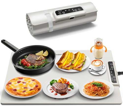 INNOWARMER Food Warming Mat,Rollable & Portable Electric Warming Tray,Electric Food Warmer with 5 Temperature,Timer Function and Safety Lock,Silicone Food Warmer for Parties,Gatherings,Buffet (Beige)