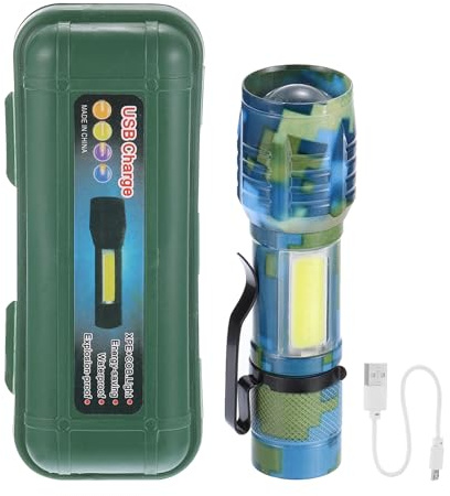 PATIKIL Lampe de Poche LED Extensible, 3 Modes Haute Luminosité Lampe de Poche LED en Aluminium Lumière Blanche Torche USB Rechargeable pour la Randonnée, le Camping, Bleu Camouflage