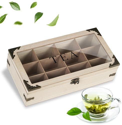 QILICZ Wood Tea Box, 12 Compartment Tea Bag Holder, Rustic Tea Bag Organizer, Tea Box Storage Organizer, Tea Bag Holder Organiser with Clear Lid for Table Top Cabinet Drawer