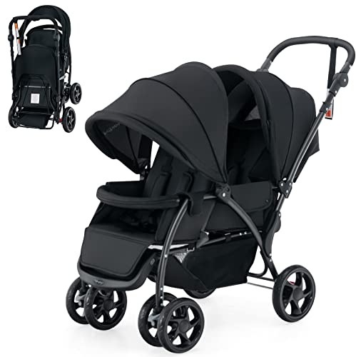 COSTWAY Syskonvagn, vikbar dubbelvagn med justerbart ryggstöd och visir, barnvagn med liggfunktion, barnvagn för barn från 6 månader, belastning 30 kg (svart)