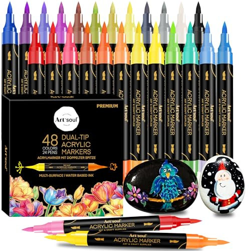 Art+soul 48 Farben Acrylstift-Sets, 24er Pack Dual-Tip Acrylmalstifte für Steine, Holz, Stein, Leinwand, Keramik, Glasoberflächen, DIY Basteln und Kunstbedarf